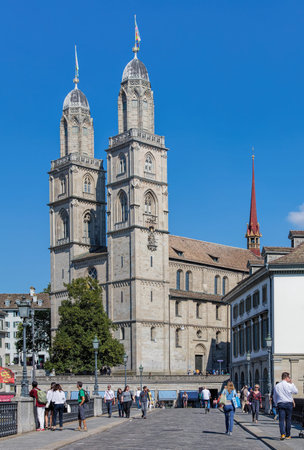 Zurich, Switzerland - 21 August, 2015: view along the Munsterbrucke bridge towards the Grossmunster. Zurich is the largest city in Switzerland and the capital of the Canton of Zurich.のeditorial素材