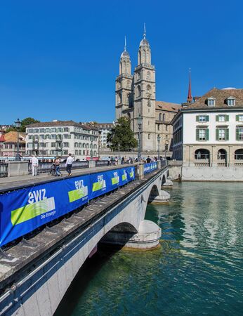 Zurich, Switzerland - 21 August, 2015: the Munsterbrucke bridge and the Grossmunster cathedral. Zurich is the largest city in Switzerland and the capital of the Canton of Zurich.のeditorial素材