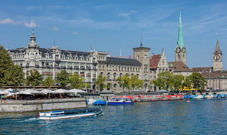 Zurich, Switzerland - 31 August, 2015: view on the Limmat river with "Felix" ship passing. Zurich is the largest city in Switzerland and the capital of the canton of Zurich.のeditorial素材