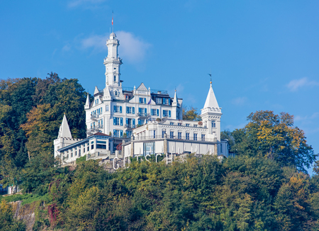 Lucerne, Switzerland - 3 October, 2015: the Chateau Gutsch hotel building. Chateau Gutsch is a grand boutique hotel and restaurant housed in one of Switzerland's most famous buildings, dating from 1888.のeditorial素材