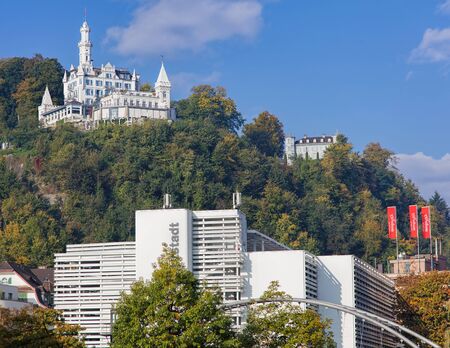 Lucerne, Switzerland - 3 October, 2015: view from the St. Karliquai quay. Lucerne is a city in central Switzerland, it is the capital of the Canton of Lucerne and the capital of the district of the same name.のeditorial素材