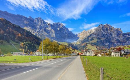 Engelberg, Switzerland - 12 October, 2015: view along the Engelbergstrasse street. Engelberg is a resort town and municipality in the canton of Obwalden.のeditorial素材