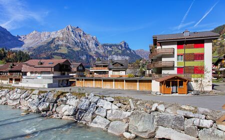 Engelberg, Switzerland - 12 October, 2015: view from the Aaweg street with the Engelberger Aa river. Engelberger Aa or Engelbergeraa is a river, which rises west of Surenenpass in the Canton of Uri, flows through the valley of Engelberg Canton of Obwaldenのeditorial素材