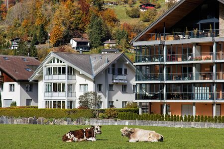 Engelberg, Switzerland - 12 October, 2015: view from the Engelbergstrasse street. Engelberg is a resort town and municipality in the canton of Obwalden.のeditorial素材
