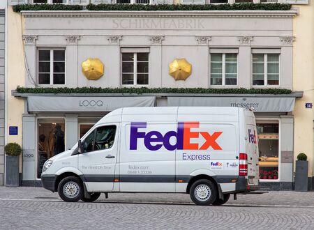 Zurich, Switzerland - 11 December, 2015: a FedEx van in the Munsterhof square in the Zurich old town. FedEx Corporation is an American global courier delivery services company headquartered in Memphis, Tennessee.のeditorial素材