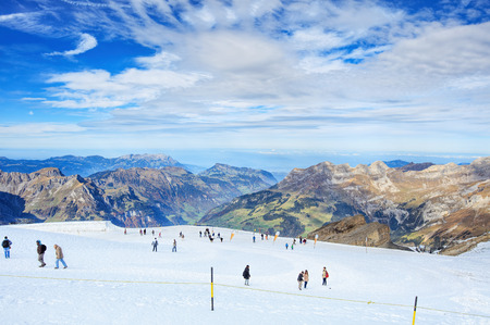 Mt. Titlis, Switzerland - 12 October, 2015: view on the top of the mountain. Titlis also Mount Titlis is a mountain of the Uri Alps, located on the border between the cantons of Obwalden and Bern. At 3,238 metres above sea level, it is the highest summit のeditorial素材