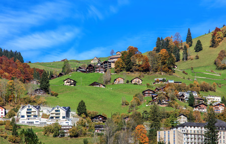 View in Engelberg in autumn. Engelberg is a resort town and municipality in the Swiss canton of Obwalden.の写真素材
