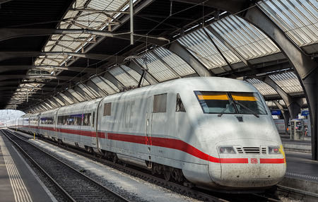 Zurich, Switzerland - 9 August, 2015: a passenger train from Germany at the platform of the Zurich Main railway station. Zurich Main Station or Zurich Central Station German: Zurich Hauptbahnhof, often shortened to Zurich HB is the largest railway stationのeditorial素材