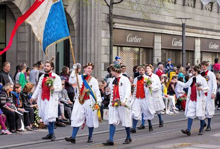 Zurich, Switzerland - 13 April, 2015: participants of the Sechselauten parade on the Bahnhofstrasse street. The Sechselauten is a traditional spring holiday in the city of Zurich, usually celebrated on the 3rd Monday of April.のeditorial素材