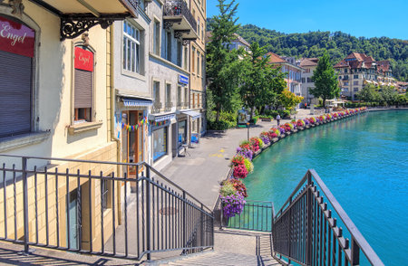 Thun, Switzerland - 21 July, 2015: view along the Aare river in the old town. Thun is a city and...