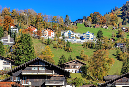 Engelberg, Switzerland - 12 October, 2015: view from the Dorfstrasse street. Engelberg is a resort town and municipality in the Swiss canton of Obwalden.のeditorial素材