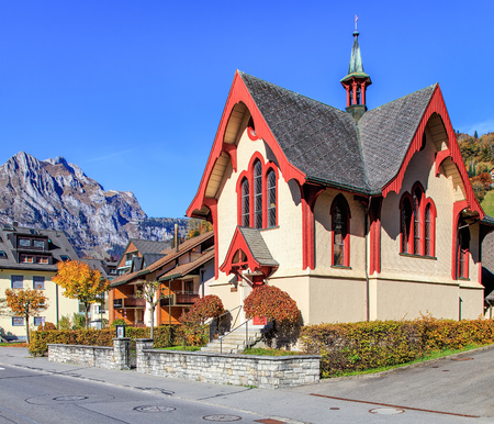 Engelberg, Switzerland - 12 October, 2015: evangelical church on the Dorfstrasse street (German: evangelische Kirche im Klosterdorf). Engelberg is a resort town and municipality in the Swiss canton of Obwalden.のeditorial素材