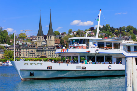 Lucerne, Switzerland - 8 May, 2016: MS "Waldstatter" with passengers on board approaching a pier on Lake Lucerne. Lake Lucerne (German: Vierwaldstattersee) is a lake in central Switzerland, the fourth largest in the country.のeditorial素材
