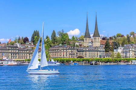 Lucerne, Switzerland - 8 May, 2016: view on Lake Lucerne from the Bahnhofquai quay. Lake Lucerne (German: Vierwaldstattersee) is a lake in central Switzerland, the fourth largest in the country. Lucerne is a city in central Switzerland, it is the capital のeditorial素材