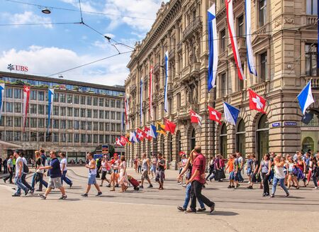 Zurich, Switzerland - 2 August, 2014: Paradeplatz square on the day of the Street Parade. The Street Parade is the most attended technoparade in Europe, it takes place in Zurich, Switzerland.のeditorial素材