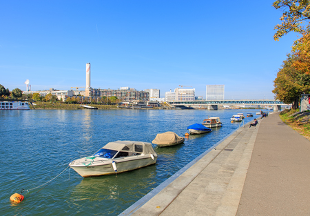 Basel, Switzerland - 31 October, 2014: the Rhine river and modern buildings. Basel is a city on the Rhine river, in northwestern Switzerland, it is Switzerland's third most populous city after Zurich and Geneva.のeditorial素材