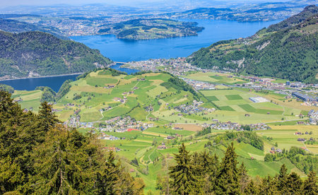 View from the open deck of a cable car gondola heading from Mt. Stanserhorn towards the town of...