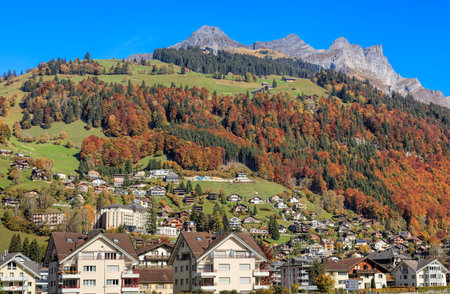 Engelberg, Switzerland - 12 October, 2015: view on the town with mountains in the background. Engelberg is a resort town and municipality in the Swiss canton of Obwalden.のeditorial素材