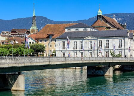 Solothurn, Switzerland - 10 July, 2016: Kreuzackerbruecke bridge over the Aare river. The city of Solothurn is the capital of the Swiss Canton of Solothurn and is also the only municipality of the district of the same name.のeditorial素材