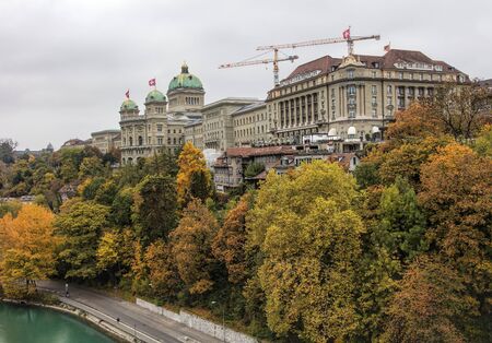 Bern, Switzerland - 19 October, 2015: view with the Federal Palace of Switzerland building on an overcast day. The Federal Palace (German: Bundeshaus) is the building in Bern in which the Swiss Federal Assembly (federal parliament) and the Federal Councilのeditorial素材