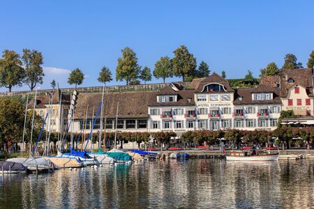 Rapperswil, Switzerland - 12 September, 2016: old town buildings along Lake Zurich. Rapperswil  is a part of the municipality of Rapperswil-Jona in the canton of St. Gallen in Switzerland, located on the east side of Lake Zurich.のeditorial素材