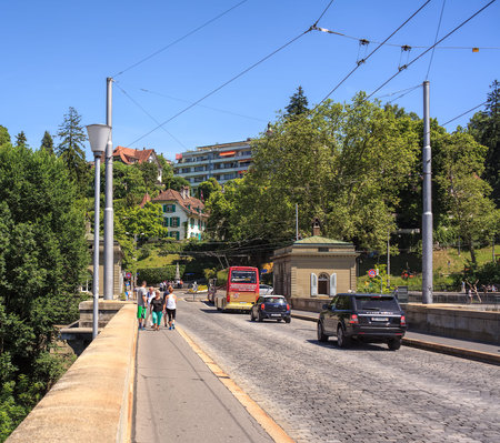 Bern, Switzerland - 11 June, 2014: view along the Nydeggbruecke bridge. The city of Bern is the...
