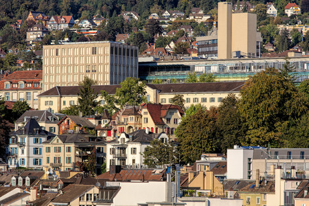 View on the Swiss city of Zurich from the Lindenhof park in the end of September.の写真素材