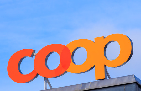 Zurich, Switzerland - 18 January, 2016: Coop sign on the top of a Coop department store building. Coop Cooperative is one of Switzerland's largest retail and wholesale companies, it is structured in the form of a cooperative society with around 2.5 millioのeditorial素材