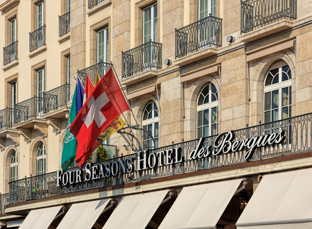 Geneva, Switzerland - 24 September, 2016: facade of the Four Seasons Hotel des Bergues building. Hotel des Bergues has been a landmark on Lake Geneva since 1834.のeditorial素材