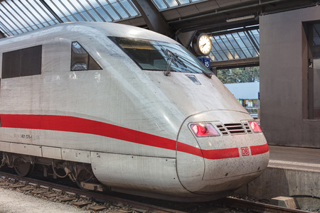 Zurich, Switzerland - 9 October, 2016: a locomotive of a train from Germany at Zurich main railway station. Zurich main railway station (German: Zurich Hauptbahnhof or Zurich HB) is the largest railway station in Switzerland and one of the busiest railwayのeditorial素材