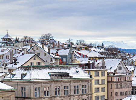 Buildings in the historic part of the Swiss city of Zurich in wintertime.