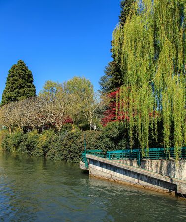 View along the Schanzengraben moat in the city Zurich, Switzerland, at the end of April.の写真素材