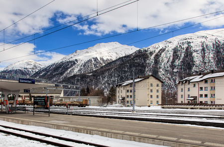 Samedan, Switzerland - 3 March, 2017: the Samedan railway station. Samedan is a town and municipality in the Maloja Region in the Swiss canton of Graubunden.のeditorial素材