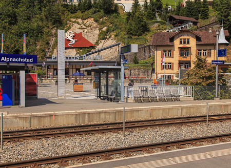 Alpnachstad, Switzerland - 29 August, 2011: view from a platform of the Alpnachstad railway station, the Pilatus Railway station in the background. The Pilatus Railway (German: Pilatusbahn or Pilatus-Bahn) is a mountain railway in Switzerland, it is the sのeditorial素材