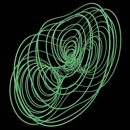 3D rendering of an abstract 3D scene imitating tangled wire made of green plastic isolated on black background.の写真素材