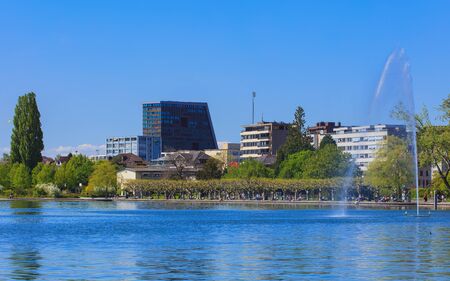 Zug, Switzerland - 6 May, 2016: view of the city of Zug from Lake Zug. The city of Zug is the capital of the Swiss canton of Zug, Lake Zug is a lake in central Switzerland, situated between Lake Lucerne and Lake Zurich.のeditorial素材