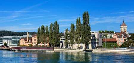 Schaffhausen, Switzerland - 29 August, 2015: buildings along the Rhine river. Schaffhausen is a city...