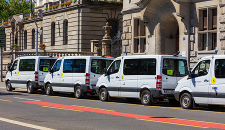 Zurich, Switzerland - 18 June, 2017: vans of Zurich Municipal Police parked along Bahnhof quay. Zurich Municipal Police (German: Stadtpolizei Zurich) is the third largest police corps in Switzerland, after Cantonal Police of Zurich and Cantonal Police of のeditorial素材