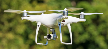 Wallisellen, Switzerland - 21 September, 2017: a DJI Phantom 4 Pro drone in flight, green trees in...