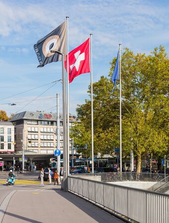 Zurich, Switzerland - 29 September, 2017: view from Quaibrucke bridge towards Bellevue square, flags of Zurich Film Festival, Switzerland and Zurich. Zurich is the largest city in Switzerland and the capital of the Swiss canton of Zurich.のeditorial素材