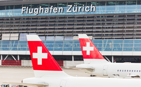 Kloten, Switzerland - 5 August, 2015: view at Zurich Airport. Zurich Airport, also known as Kloten Airport, is the largest airport in Switzerland and the principal hub of the Swiss International Air Lines.のeditorial素材