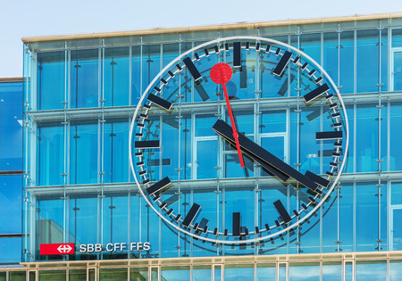 Aarau, Switzerland - 7 July, 2016: a partial view of the facade of the Aarau railway station building. Aarau railway station (German: Bahnhof Aarau) serves the municipality of Aarau, which is the capital of the Swiss canton of Aargau, it is owned and operのeditorial素材