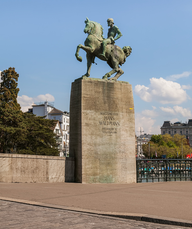 Zurich, Switzerland - 23 April, 2014: the monument to Hans Waldmann on the embankment of the Limmat river in the city of Zurich. Hans Waldmann was mayor of Zurich and a Swiss military leader.のeditorial素材