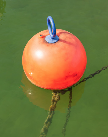 Red plastic buoy on green water.の写真素材