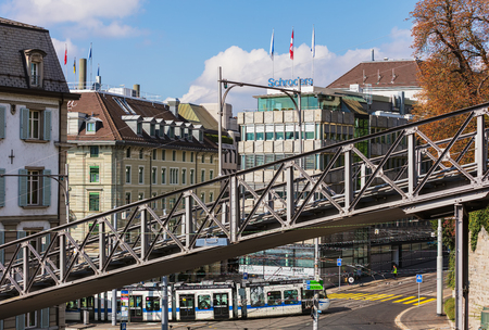 Zurich, Switzerland - September 25, 2017: the Polybahn funicular railway. The Polybahn, also known as the UBS Polybahn, is a funicular railway in the city of Zurich, connecting Central square with the terrace by the main building of the ETH Zurich, which のeditorial素材