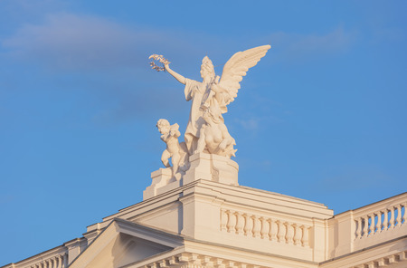Zurich, Switzerland - September 27, 2017: upper part of the Zurich Opera House building at sunset. Zurich Opera House (German: Opernhaus Zurich) has been the home of the Zurich Opera since 1891, and also houses the Bernhard-Theater Zurich and the Zurich Bのeditorial素材