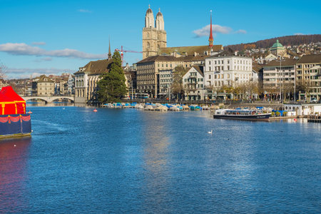 Zurich, Switzerland - November 25, 2013: the Limmat river, buildings of the historic part of the city of Zurich along it. Zurich is the largest city in Switzerland and the capital of the Swiss canton of Zurich.のeditorial素材
