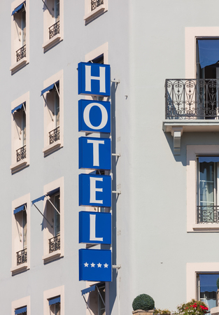 Geneva, Switzerland - September 24, 2016: sign on the building of the Hotel Le Montbrilliant. The Hotel Le Montbrilliant is a 4-stars hotel, conveniently located very close to Geneva railway station.のeditorial素材
