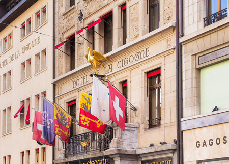 Geneva, Switzerland - September 24, 2016: facade of the building of the Hotel de la Cigogne. The...