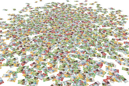 3D rendering of a computer-generated simulation showing banknotes of 10, 20 and 50 Swiss francs, on white background.の写真素材
